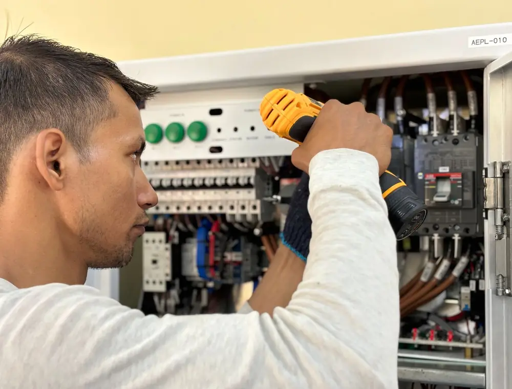 Elektromeister prüft die Verteilung in einem Zählerschrank