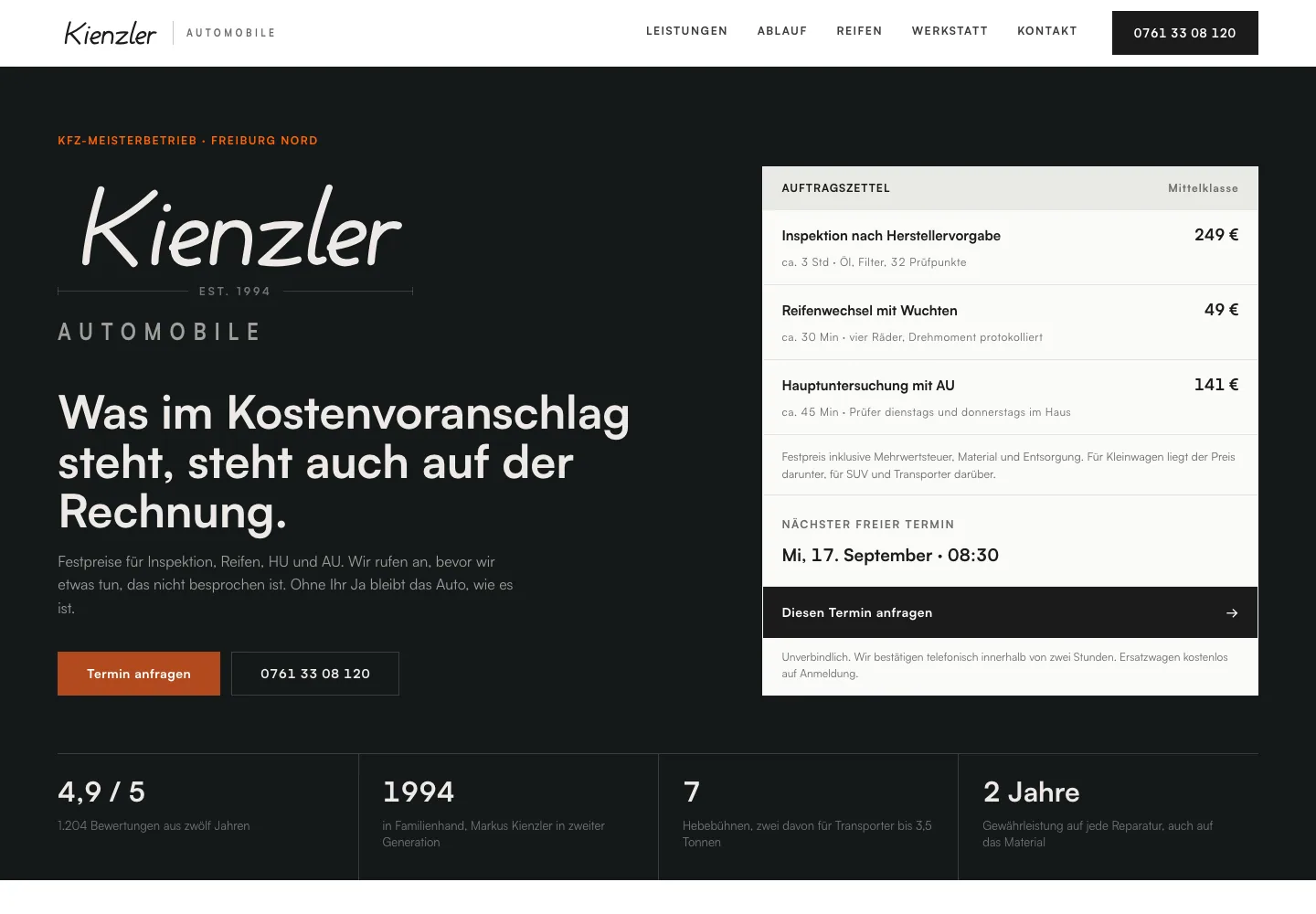 Beispielentwurf einer Website für Auto und Werkstatt: Kienzler Automobile