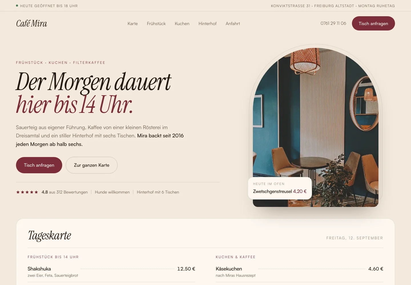 Beispielentwurf einer Website für Gastronomie und Café: Café Mira