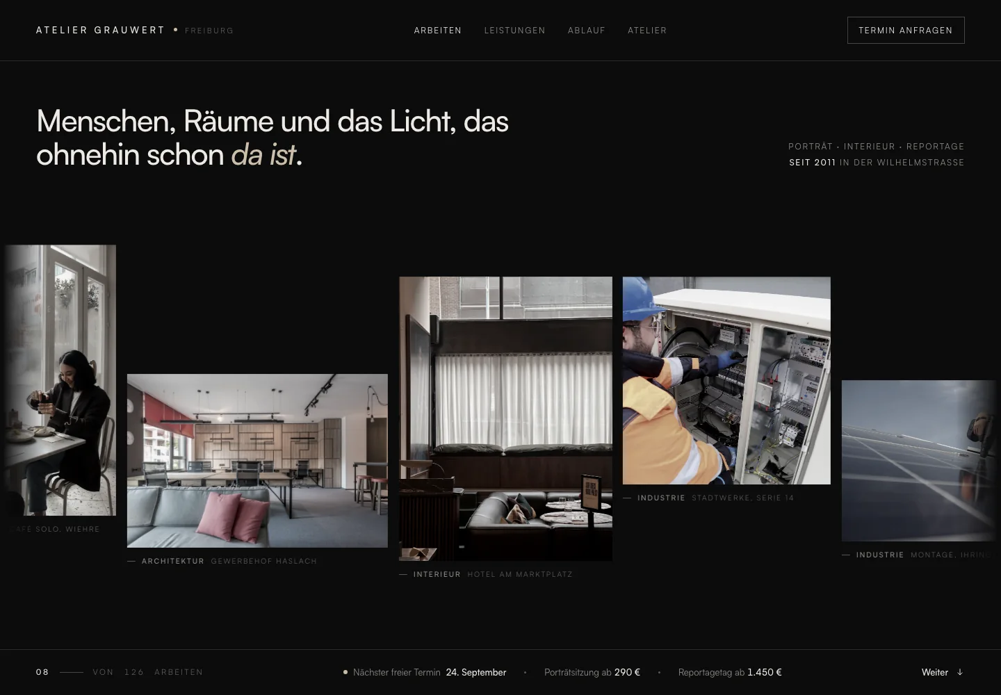 Beispielentwurf einer Website für Fotografie und Studio: Atelier Grauwert