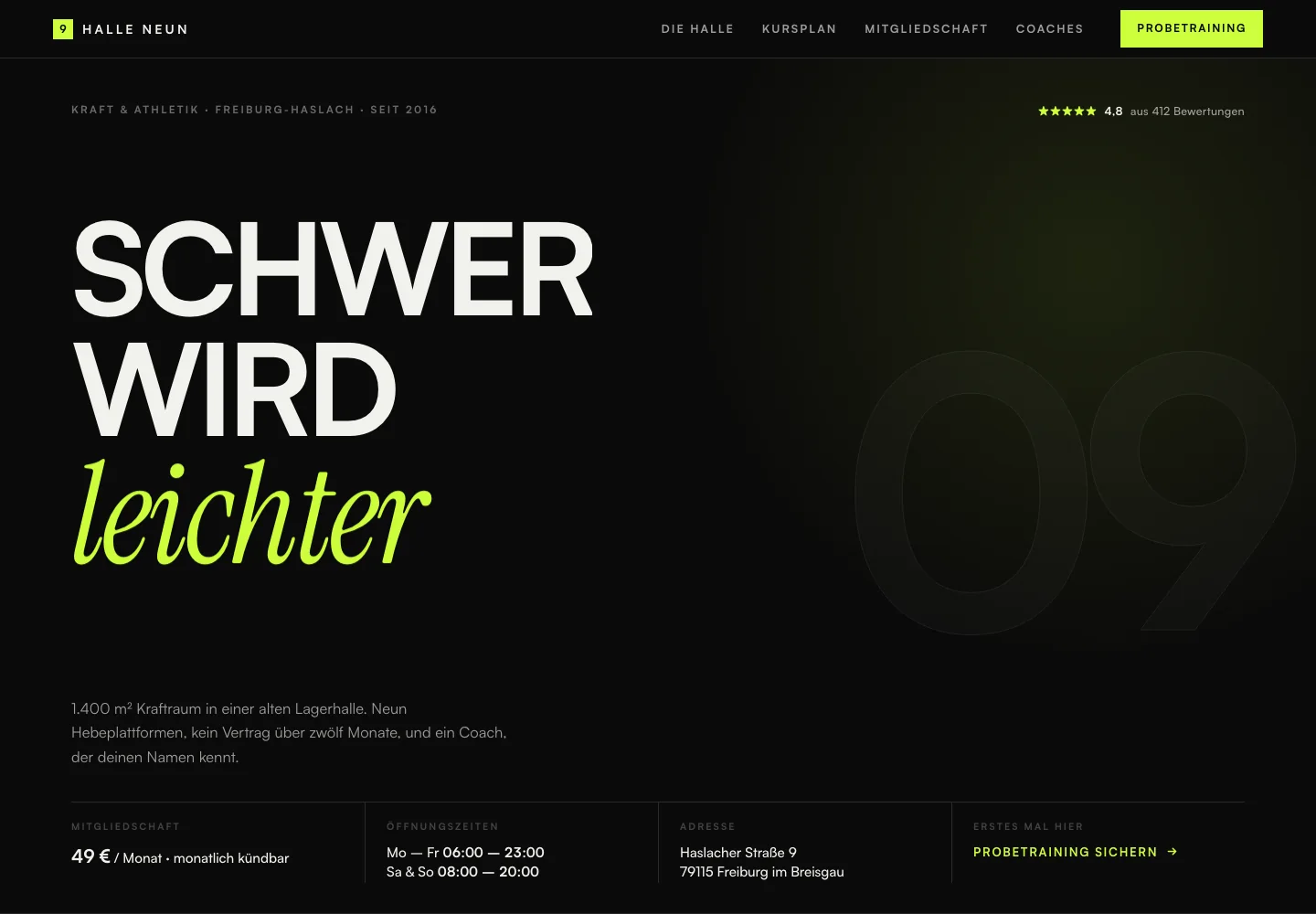 Beispielentwurf einer Website für Fitness und Kraftsport: Halle Neun