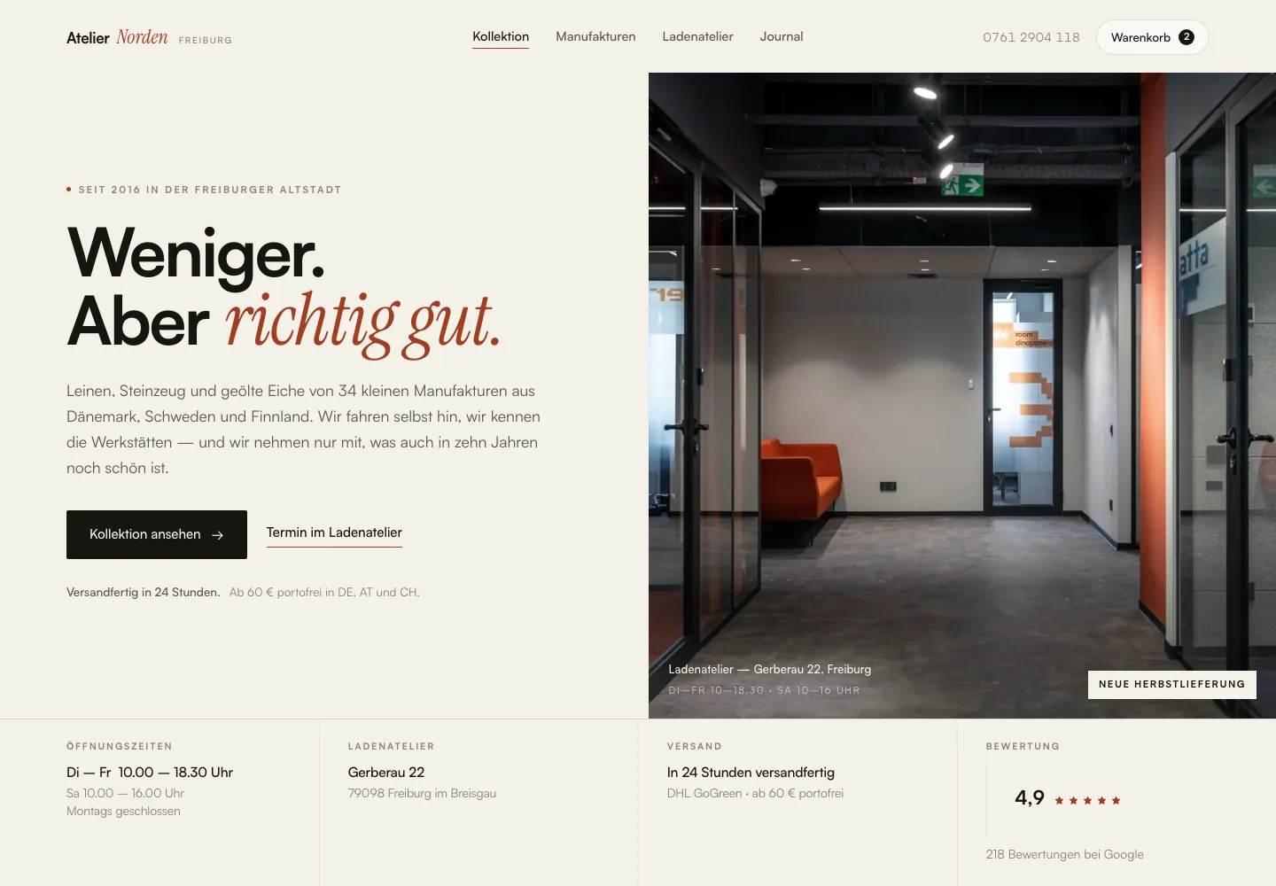 Beispielentwurf einer Website für Handel und Ladengeschäft: Atelier Norden
