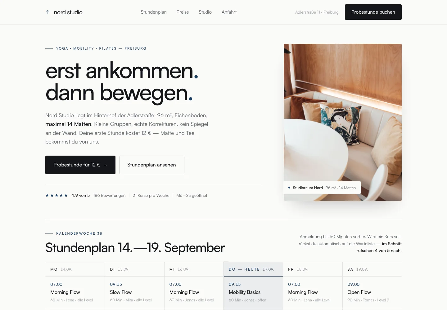 Beispielentwurf einer Website für Yoga und Kursstudio: Nord Studio