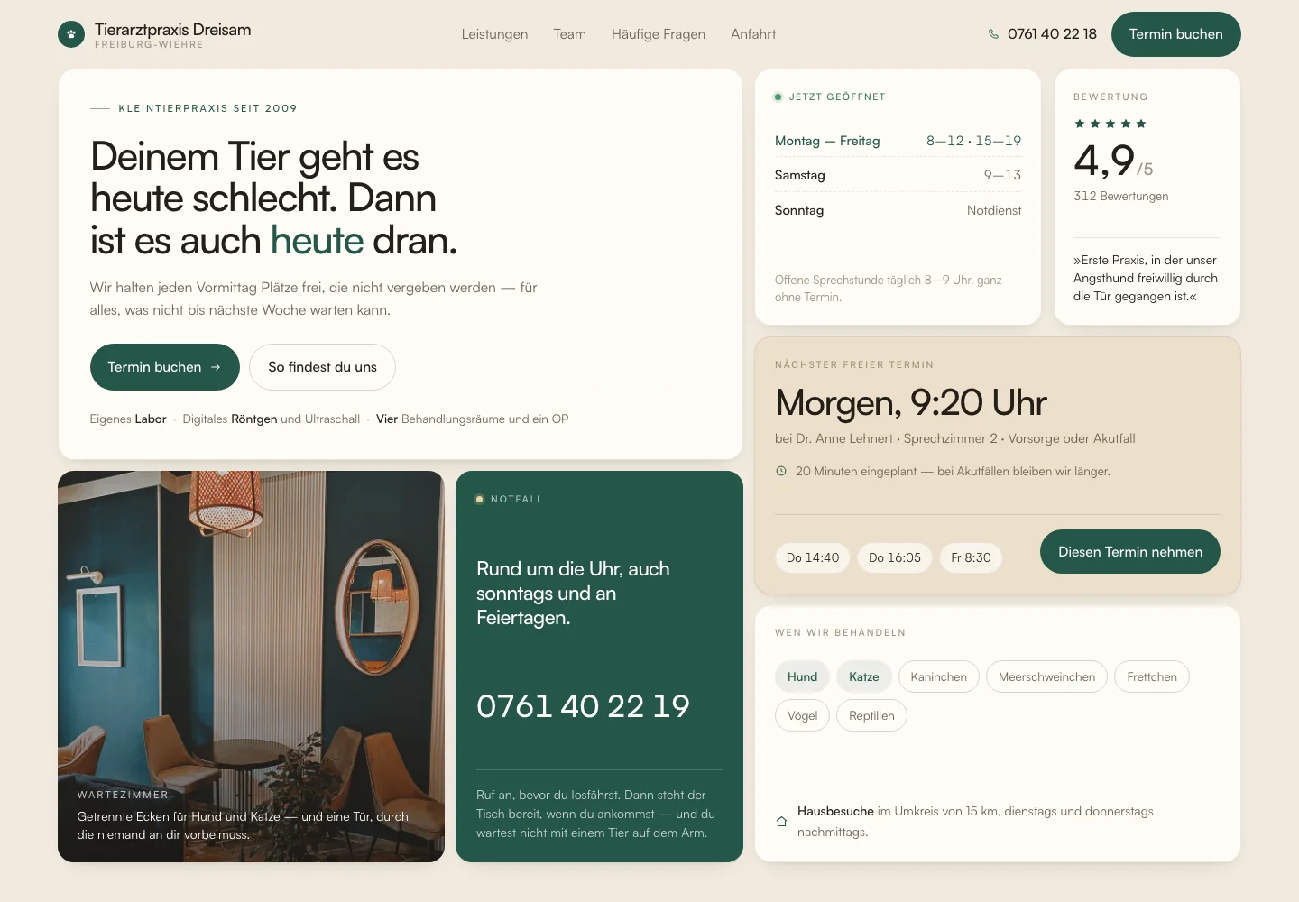 Beispielentwurf einer Website für Tierarzt und Kleintiere: Tierarztpraxis Dreisam