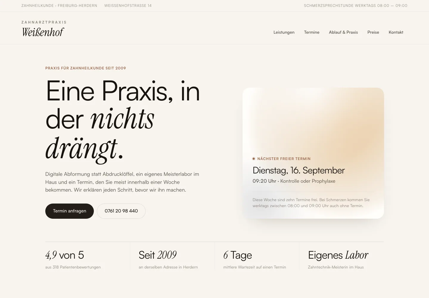 Beispielentwurf einer Website für Zahnarzt und Klinik: Praxis Weißenhof